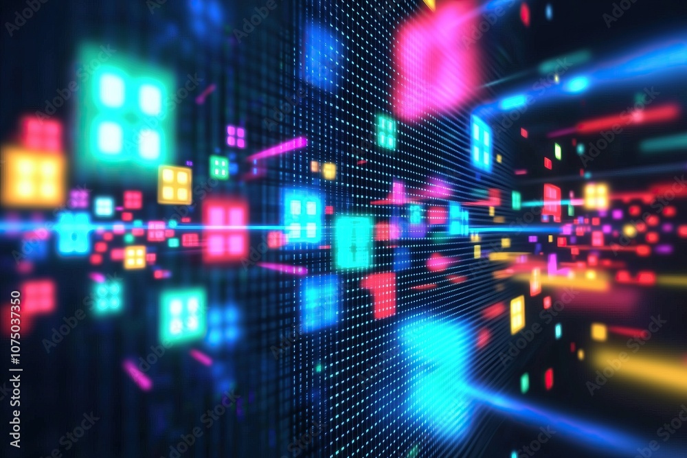 Poster colorful digital abstract technology data points vibrant lights and shapes