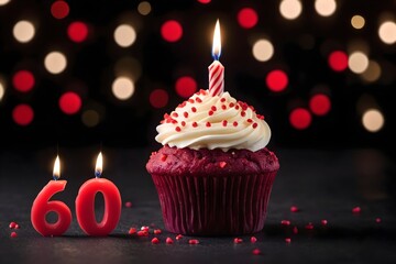 60th birthday cupcake with whipped cream, candle and number 60 candle, isolated on dark background with bokeh lights