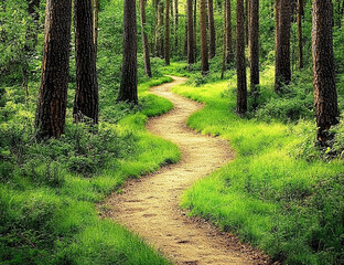 Fototapeta premium a forest path leading through an ancient woodland, with tall trees and green grasses