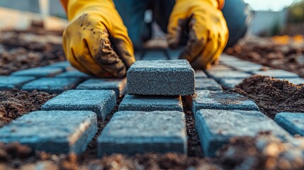 Close-up of Hands Placing a Grey Concrete Paver on a Patio