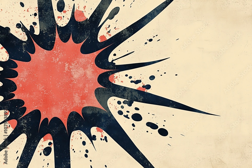 Poster dynamic graphic explosion in red and black against light beige background
