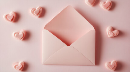  "Heartfelt Moments: Open Pink Envelope with Paper Card and Heart on Pastel Pink Table"