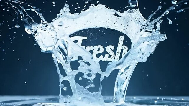An animated lettering of the word Fresh made of clear water and many drops.