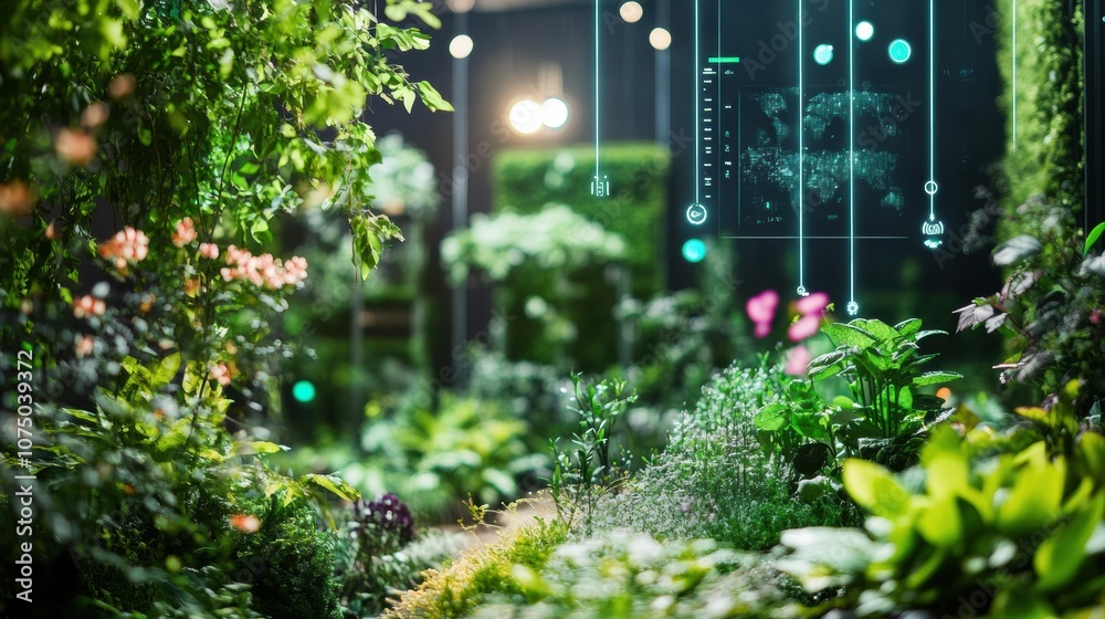 Poster This lush smart garden utilizes automated sprinklers and soil sensors to ensure optimal growth and healthy plants throughout the day. Generative AI