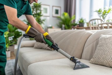 A person in cleaning gloves uses a machine to deep clean a light colored sofa in a sunlit living room filled with plants and modern decor, ensuring a fresh and tidy environment for relaxation and comf