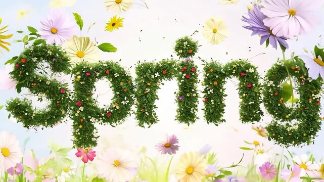 An animated lettering of the word Spring as a background of flowers and bright colors.