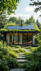 Eco-friendly tiny house with green roof and solar energy in lush greenery