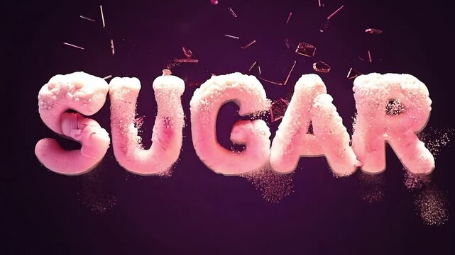 An animated lettering of the word Sugar as a background of an explosion of sweets and particles.