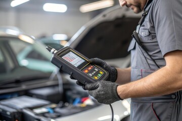 A skilled automotive technician is using a diagnostic tool to analyze a vehicles performance. The technician, dressed in work attire and gloves, is focused on the screen while surrounded by car parts 