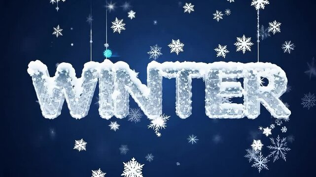 An animated lettering of the word winter as a background consisting of snowflakes and ice.