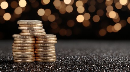 Glittering stacks of coins stand proudly, bathed in warm bokeh light, capturing the allure of wealth and financial prosperity in a dreamlike setting.