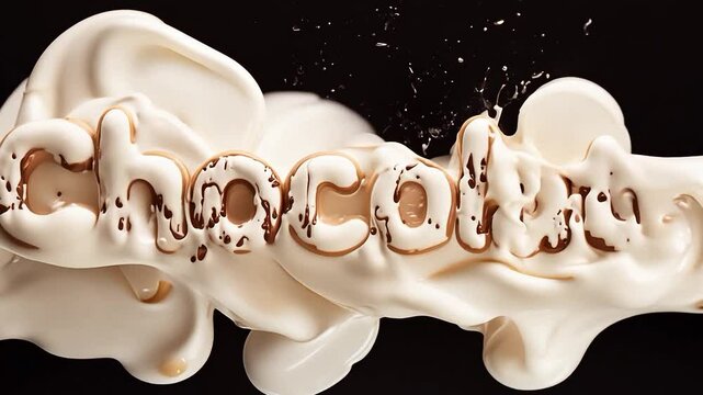 A delicious animated lettering of the word Chocolate with milk and chocolate.
