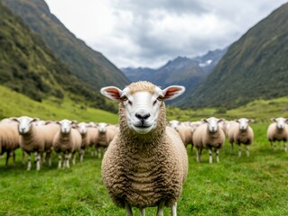 Fototapeta premium A group of sheep grazing peacefully in a lush green meadow.