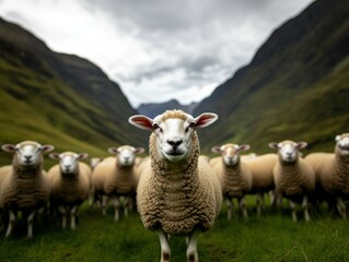 Fototapeta premium A flock of sheep stands in a lush green valley under cloudy skies.
