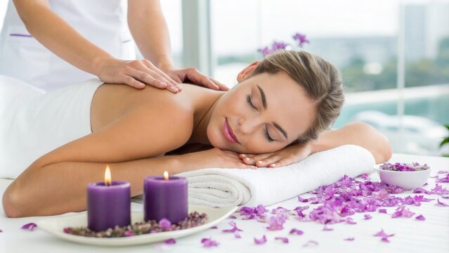 A woman is receiving a soothing massage in a serene spa environment, surrounded by candles and fragrant flowers. The gentle touch and calming atmosphere provide a perfect retreat for relaxation and re