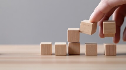 A hand stacking wooden blocks on a table, symbolizing progress.