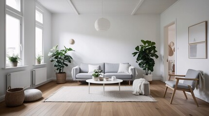 This cozy living room features a bright atmosphere with large windows bringing in natural light. Modern sofas are surrounded by indoor plants, creating a serene and inviting space