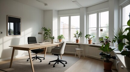 Fototapeta premium This office space features a minimalist design with large windows letting in plenty of natural light. Green plants adorn the room, creating a refreshing and inviting atmosphere for productivity