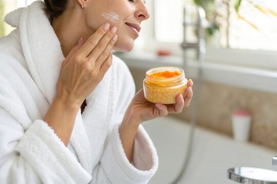 A woman in a bathrobe carefully applies a skincare product to her face while smiling. The bright bathroom features natural light, creating a serene atmosphere for self care and wellness.