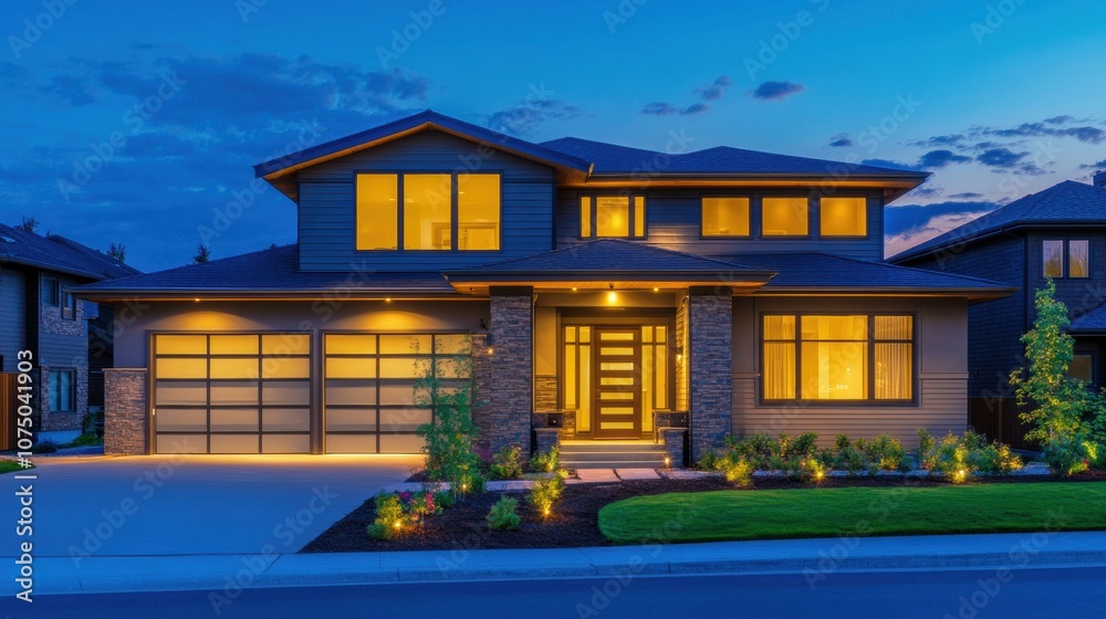 Aufkleber A contemporary home showcases warm light from windows and a glowing alarm system, creating a secure and inviting atmosphere at night. Generative AI