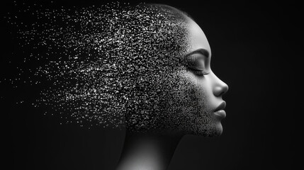 Half Face of a Female Robot with Flowing Data Codes Representing AI Data Processing and Technology. A Photorealistic, Futuristic Depiction of Artificial Intelligence and Human-like Robotics