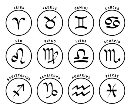 Signes du Zodiaque / 12 Ic&ocirc;nes d'Astrologie avec leurs Noms en Anglais