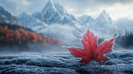 A frosted red maple leaf lies on a cold, rocky surface, surrounded by the distant outline of snow-dusted mountains, emblematic of autumn’s frozen beauty.