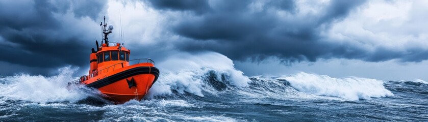 Obraz premium A bright orange tugboat navigating through turbulent ocean waves.