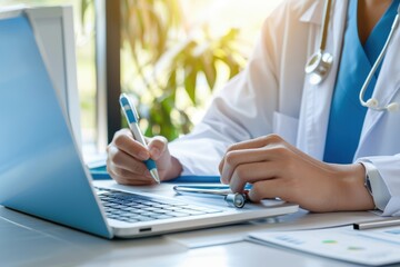 Obraz premium Doctor Working on Laptop with Stethoscope and Pen, Focused on Medical Research or Patient Documentation