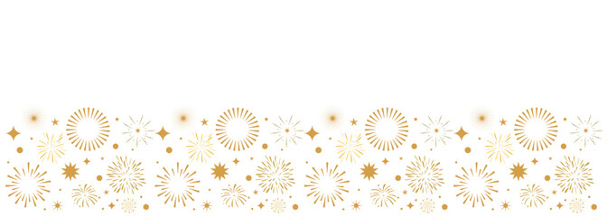 Gold firework vector banner, seamless repeating pattern for new year celebration, greeting card decoration element, simple golden border design, isolated on white background