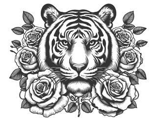 Obraz premium roaring tiger surrounded by blooming roses, tattoo. Fierce wildlife with delicate floral elements sketch engraving generative ai raster illustration. Scratch board imitation. Black and white image.