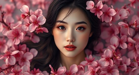 Naklejka premium a Chinese woman set against a pink cherry blossoms ocean.