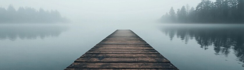 Fototapeta premium A serene wooden dock extending into a foggy lake, surrounded by trees, creating a peaceful atmosphere for reflection and tranquility.