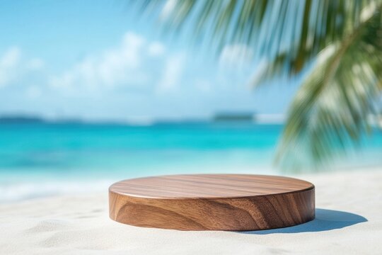 Empty wooden podium displaying products on tropical beach with palm tree