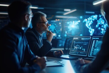 Focused business team examining data visualizations on multiple screens in a high-tech control room, strategizing market analysis.