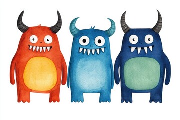 Colorful watercolor monsters in fun, playful poses. Ideal for children's books, illustrations, or creative design projects.