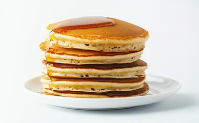Delicious stack of fluffy pancakes drizzled with golden syrup, perfect for breakfast or brunch, inviting and appetizing. Enjoy the sweetness!