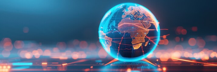 Abstract digital globe with illuminated data connections and network lines, representing global connectivity and technology in a futuristic setting.