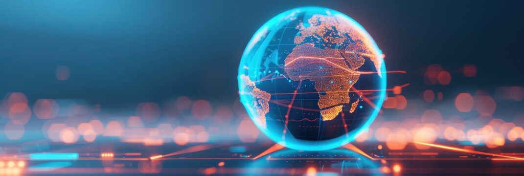 Abstract digital globe with illuminated data connections and network lines, representing global connectivity and technology in a futuristic setting.