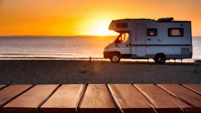 video of Camper car rv with clothes hanging to dry camping on sea shore. Holidays with motor home.
