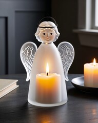Flickering candle inside a frosted angel lantern softly glowing in a darkened room