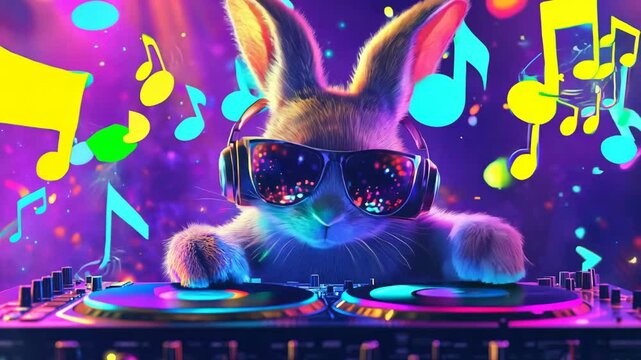 A rabbit wearing sunglasses and headphones is playing a DJ set