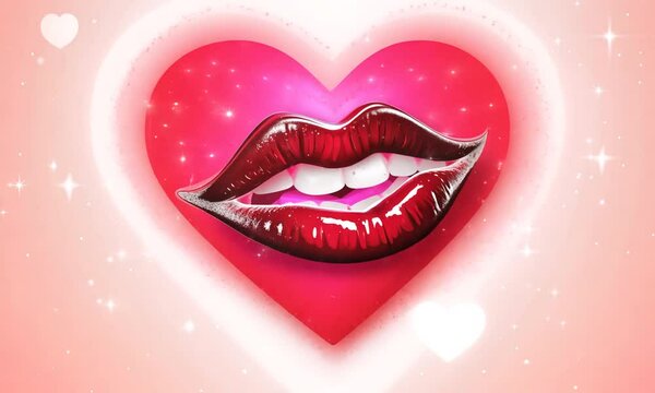 Red lips with a glossy shine inside a pink heart shape on soft background, symbolizing love and romance in pop art style