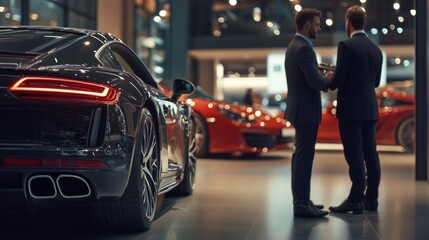 Two men are standing in a car showroom, looking at a black sports car