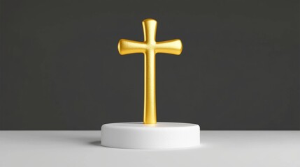 A golden cross on a white pedestal, symbolizing faith, spirituality, and religious devotion in a modern design.