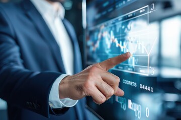 Business executive pointing at financial data on an interactive touchscreen display, analyzing market trends and statistics in a modern office setting.