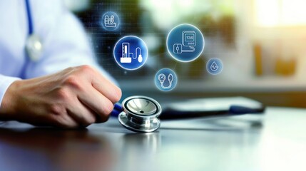 Close up of doctor hand with Bernina stethoscope digital health icons technology in healthcare medical, hypertension management, digital health, blood pressure