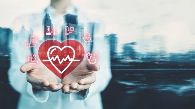 Hands hold red heart symbol against city skyline healthcare concept urban background, compassionate care, self care, medical concept, hypertension self care