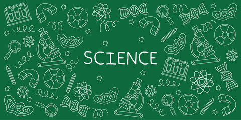 Hand drawn science and chemistry doodle with green background