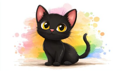 Fototapeta premium Cute cartoon black cat with big yellow eyes, sitting playfully against a vibrant abstract background, perfect for illustrations and animal lovers.